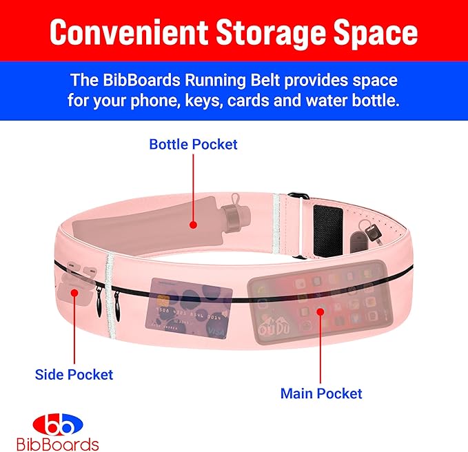 BibBoards Running Belt, Pink | No-Bounce, Water & Sweat-Resistant Fanny Pack for Phone, Keys, Cards | Adjustable Waist 38”-48” | Lightweight for Running, Cycling, Hiking, Marathons and Races