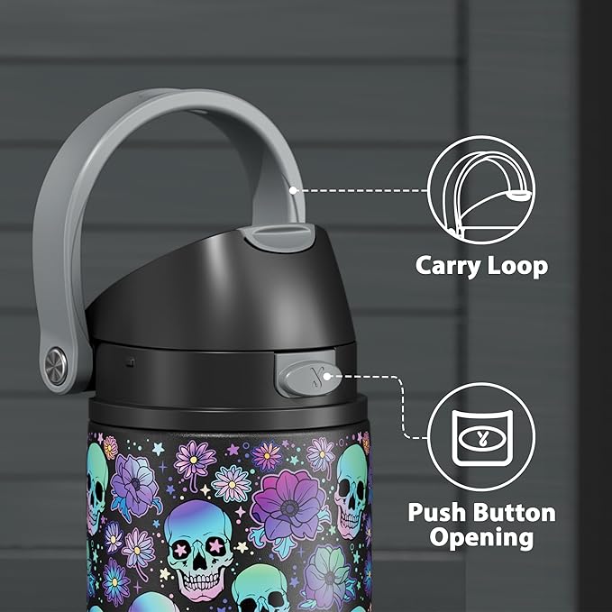 24 oz Insulated Water Bottle with Straw: Meoky Stainless Steel Water Bottle with 2-in-1 Straw and Spout Lid - Leak Proof, Fits in Car Cup Holder, BPA-Free for Travel Gym, Spooky Petals