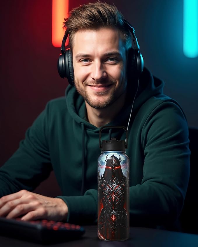 Insulated Water Bottle 40 oz –Hot and Cold Coffee Travel Drinks, Leakproof Sports Gaming & Gym Bottles, Large and Small Reusable Stainless Steel Flask with Straw – Blood Revenant