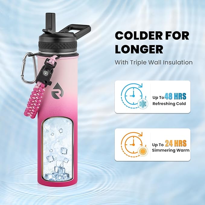 Insulated Water Bottle 24oz, Triple Wall Vacuum Stainless Steel (Cold for 48 Hrs, Hot for 24Hrs), Leak Proof & Non-BPA, 24oz Hydro Water Flask with Paracord Handle & Straw Spout Lids