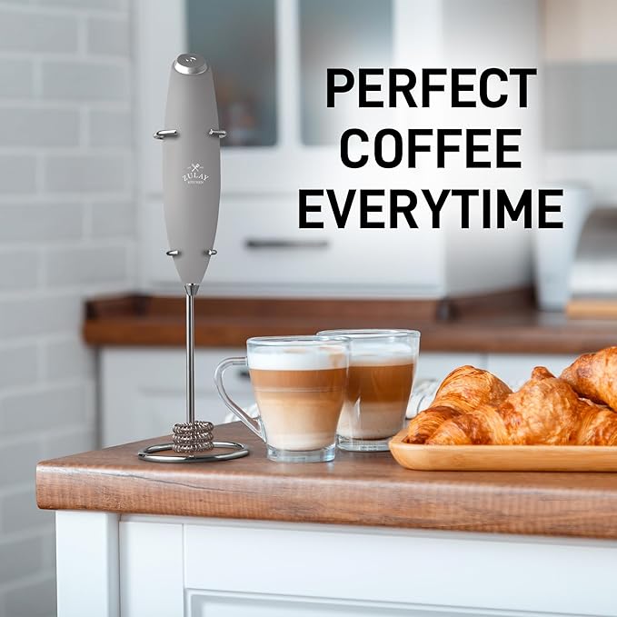 Zulay Kitchen Tornado Whisk Milk Frother with 4 AA Duracell Batteries - Triple Whisk for More Power - Handheld Coffee Frother with Stand - Drink Mixer for Lattes, Matcha & Protein Shakes