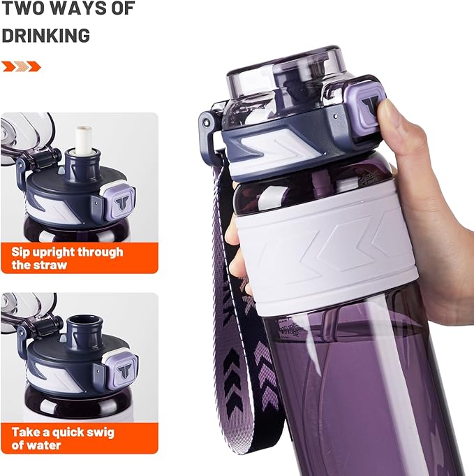 TKK Sports Water Bottles with Removable Straw 34 oz Leak-proof Flip Top Lid BPA Free Tritan Bottles with Strap for School, Fitness, Gym, Outdoor, Purple