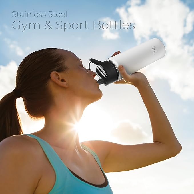 SipX™ 18 oz Insulated Water Bottle with 3 Lids – Leakproof Stainless Steel, Triple Insulated – Cold 24 Hours/Hot 12 Hours – Durable Bottle for School, Gym, Travel – White
