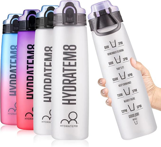 HYDRATEM8 - Active Motivational Sports Water Bottle with Time Markings, BPA Free, Drinks Bottle, 32oz - Frosted