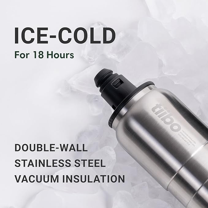 tiibo Vacuum Insulated Stainless Steel Bike Water Bottle, Double Wall, No-Squeeze, Fast Flow Sport Nozzle, Designed for Cycling, Biking, Fitness & Sports, Fits Most Bike Cages (Black, 17OZ)