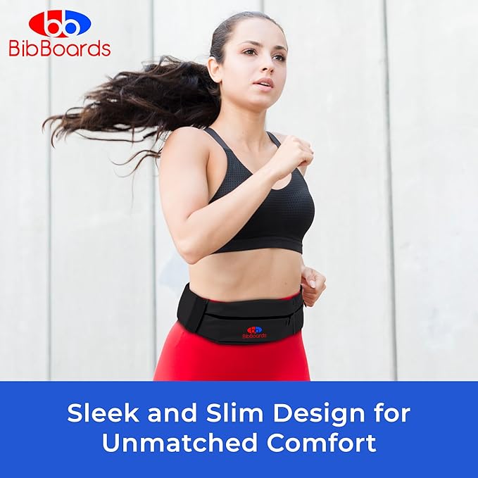 BibBoards Running Belt, Black | No-Bounce, Water & Sweat-Resistant Fanny Pack for Phone, Keys, Cards | Adjustable Waist 38”-48” | Lightweight for Running, Cycling, Hiking, Marathons and Races