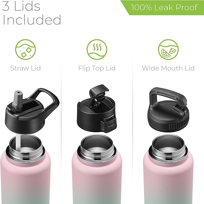 SIPX™ 40 oz Insulated Water Bottle with 3 Lids – Leakproof Stainless Steel, Triple Insulated – Cold 24 Hours/Hot 12 Hours – Durable Bottle for School, Gym, Travel – Gradient Mint Pink