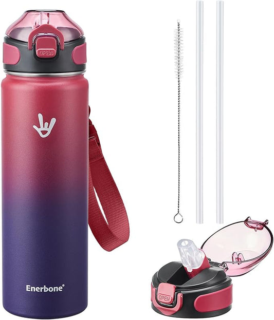 Enerbone 24 oz Insulated Water Bottle, Stainless Steel Bottle with Carrying Strap, Double-Wall Vacuum Insulation Design, Leakproof Sports Bottle with Straw, Keep Drinks Cold or Hot for Hours