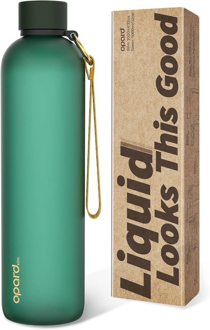 Opard Slim Water Bottle 32oz, Dishwasher Safe Plastic Water Bottle BPA-Free, Leakproof Screw Top, Forest Green, Reusable for Travel School Sport Gym Hiking