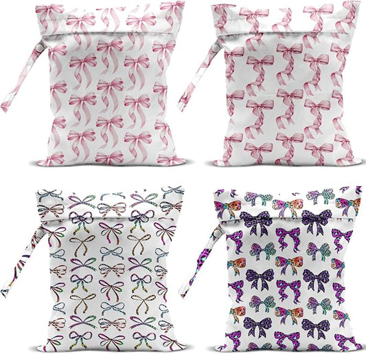 4 Pack Cute Pink Bow Watercolor Leopard Bow Wet Bag Waterproof Reusable Wet Dry Bag for Swimsuit Dirty Clothes Diaper Beach Pool Gym Party Camping Gift for Women Bestie Mothers Christmas Friendship