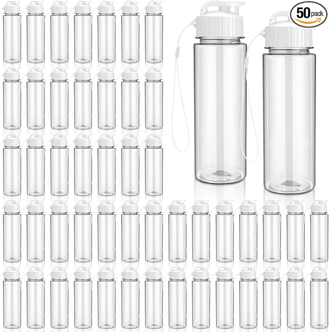 Domensi 50 Pieces Plastic Water Bottle Bulk 17 oz Sports Adults Reusable Large Water Bottles with Leak Proof Flip Top for Adults Fitness(White)