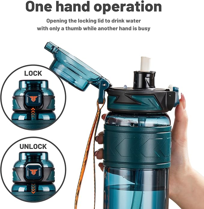 TKK Sports Water Bottles with Removable Straw 29 oz Leak-proof Flip Top Lid BPA Free Tritan Bottles with Strap for School, Fitness, Gym, Outdoor, Green