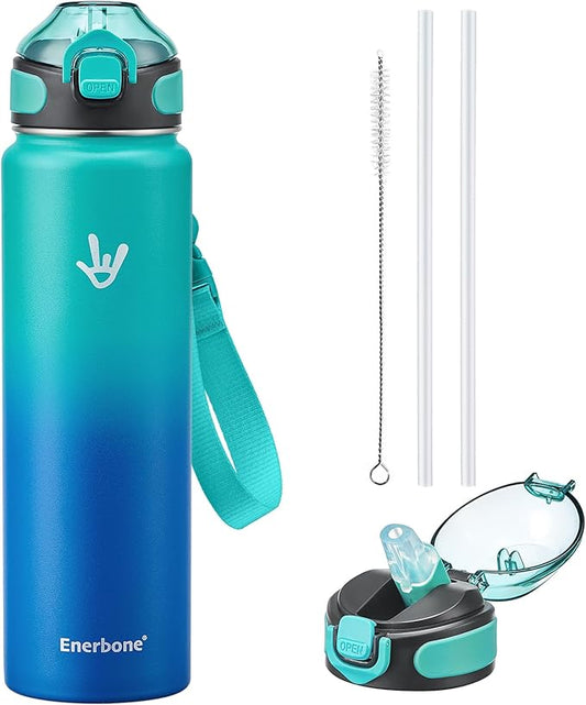 Enerbone 32 oz Insulated Water Bottle, Stainless Steel Bottle with Carrying Strap, Double-Wall Vacuum Insulation Design, Leakproof Sports Bottle with Straw, Keep Drinks Cold or Hot for Hours