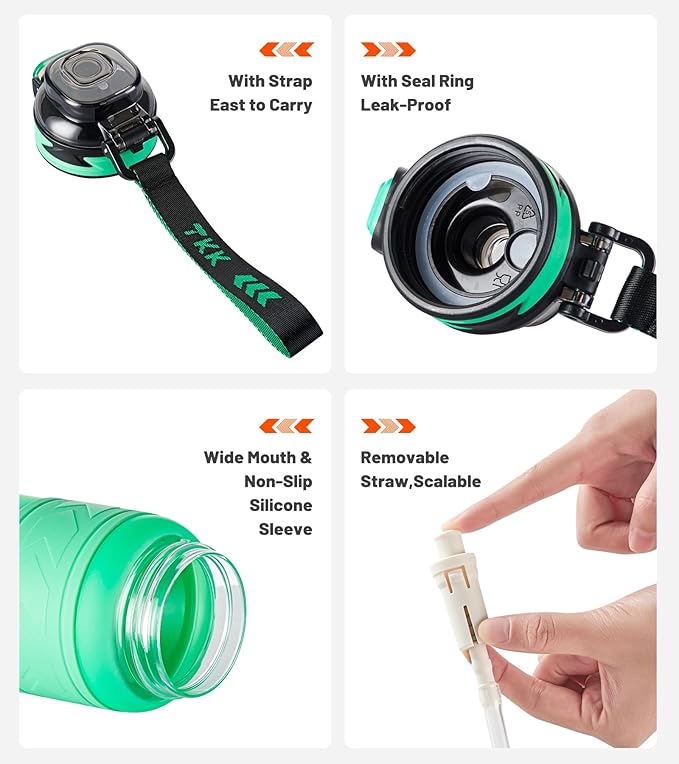 TKK Sports Water Bottles with Removable Straw 34 oz Leak-proof Flip Top Lid BPA Free Tritan Bottles with Strap for School, Fitness, Gym, Outdoor, Green-Black