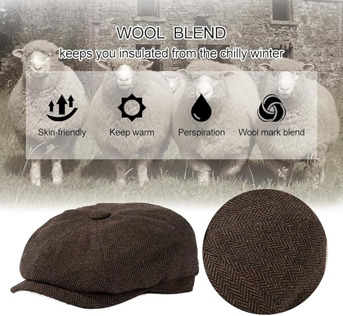 TOP-EX L/XL/XXL Wool Tweed Newsboy Cap for Men Paperboy Warm Winter Hat Vintage Flat Ivy Cabbie Gatsby Cap