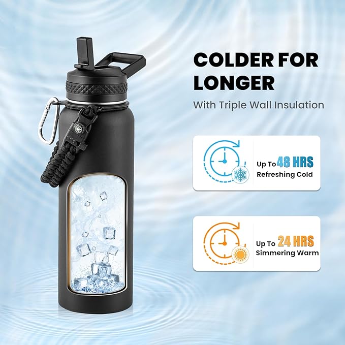 Insulated Water Bottle 40 oz, Triple Wall Vacuum Stainless Steel (Cold for 48 Hrs), Leak Proof & Non-BPA, Modern Water Flask Jug with Paracord Handle & Straw Spout Lids, Magic Black