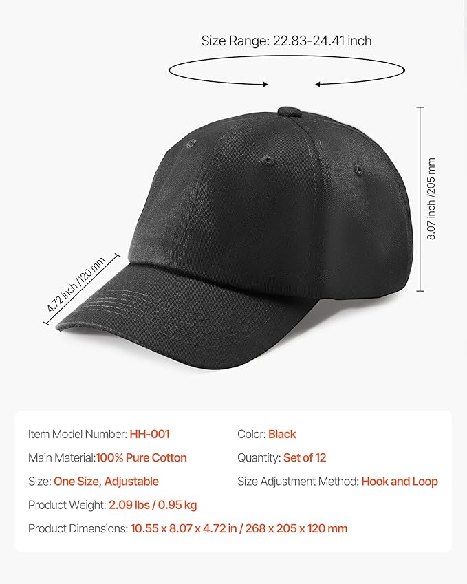 VEVOR Baseball Cap, Plain Baseball Hat with Breathable Pure Cotton Fabric, Adjustable Size, Blank 12 Pack Bulk Caps Ideal for Running, Workouts or Outdoor Activities, 12 Pcs, Black