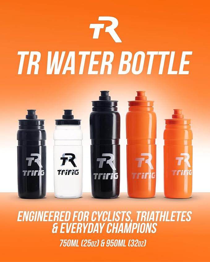 TRIRIG TR Cycling Water Bottles 32 Oz Black Featuring a Watergate Lid for Easy, Leak Proof Access - Fits Standard Bike Cages for Triathlon Bikes, Gym & Outdoor Lightweight Sports Water Bottle