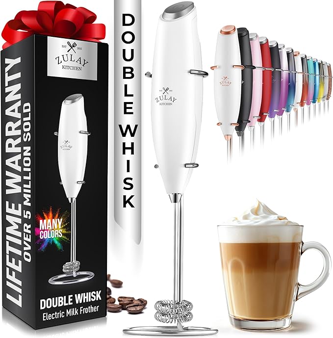 Zulay Kitchen Powerful Double Whisk Milk Frother Handheld - Foam Maker With Stand - Whisk Drink Mixer for Coffee, Mini Foamer for Latte, Matcha, Frappe, Hot Chocolate & Cappuccino (Blizzard White)