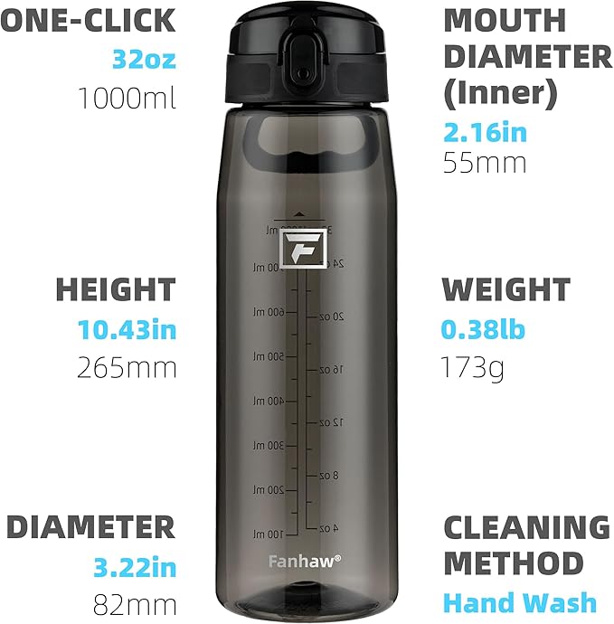 Fanhaw 32 oz Tritan Water Bottle with Chug Lid - Clear, BPA-Free, Lightweight, Wide Mouth, Leak-Proof, Perfect for Gym, Travel, School, Office, and Sports (Black)