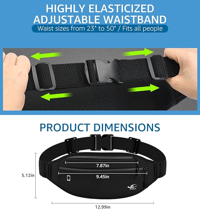 HiRui Slim Fanny Pack for Men Women, Adjustable Exercise Waist Pack Reflective Running Belt for Sports Workout Cycling Hiking, Casual Hands-Free Wallets Phone Bag Fits All Phones (Black)