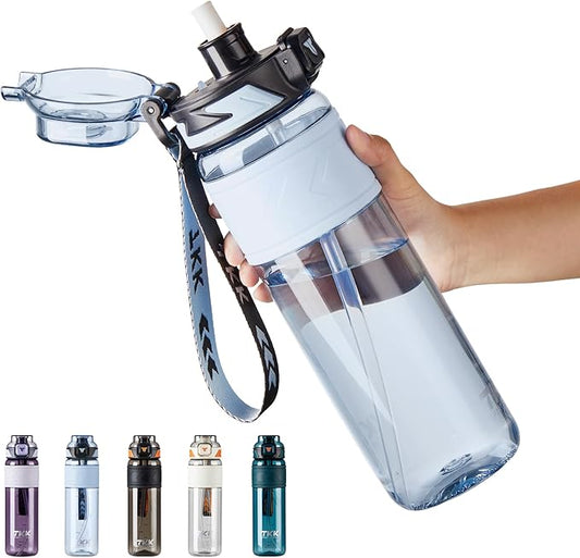 TKK Sports Water Bottles with Removable Straw 34 oz Leak-proof Flip Top Lid BPA Free Tritan Bottles with Strap for School, Fitness, Gym, Outdoor, Blue