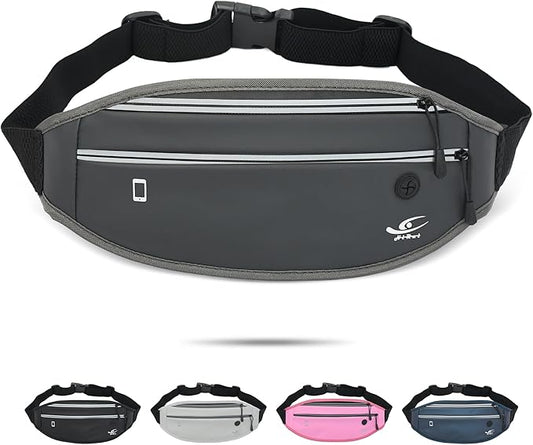 HiRui Slim Fanny Pack for Men Women, Adjustable Exercise Waist Pack Reflective Running Belt for Sports Workout Cycling Hiking, Casual Hands-Free Wallets Phone Bag Fits All Phones (Dark Gray)
