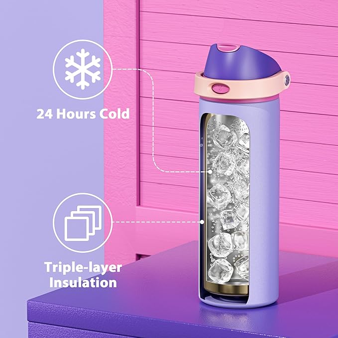 24 oz Insulated Water Bottle for Women: Meoky Stainless Steel Metal Water Bottle with 2-in-1 Straw and Spout Lid - Leak Proof, Cold for 24 Hours, Protective Silicone Base, BPA-Free for School, Orchid