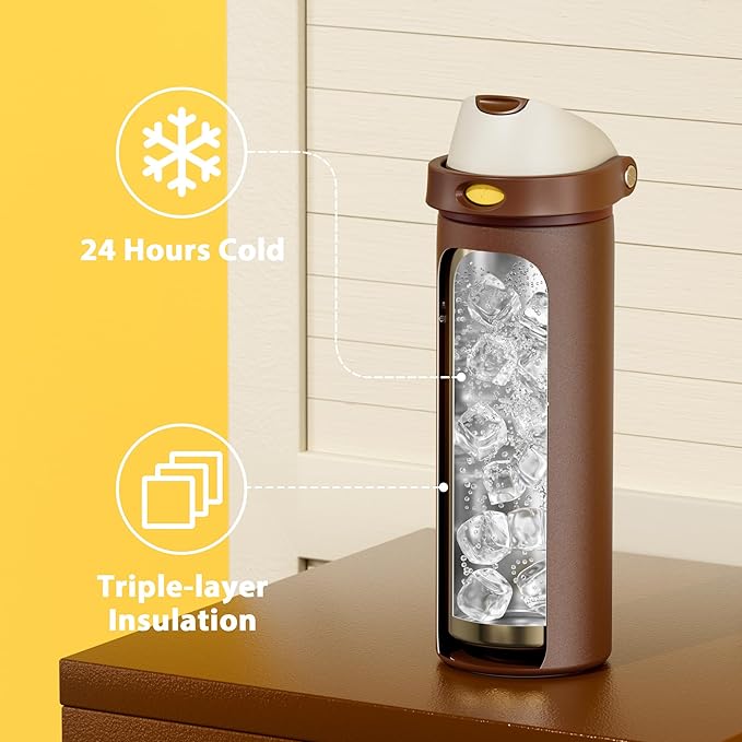 24 oz Insulated Water Bottle with Straw: Meoky Stainless Steel Metal Water Bottle with 2-in-1 Lid - Leak Proof, Cold for 24 Hours, Fits in Car Cup Holder, BPA-Free for Travel Sports Gym, Cocoa