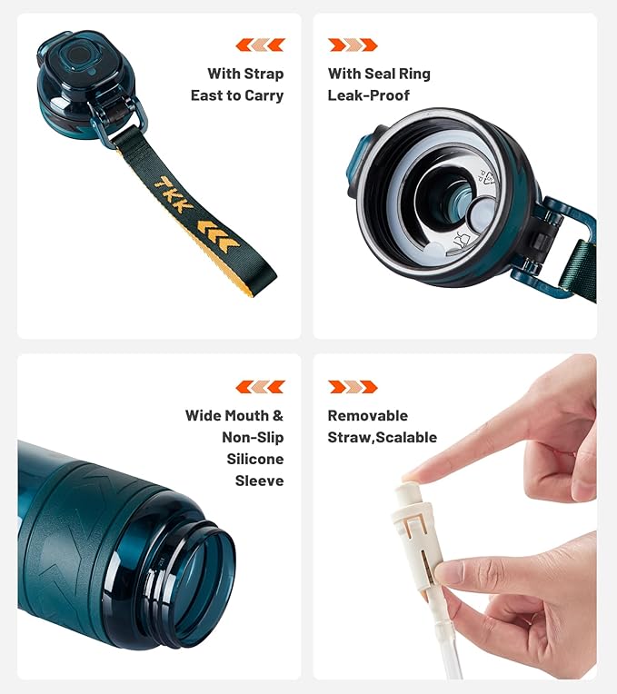 TKK Sports Water Bottles with Removable Straw 29 oz Leak-proof Flip Top Lid BPA Free Tritan Bottles with Strap for School, Fitness, Gym, Outdoor, Green