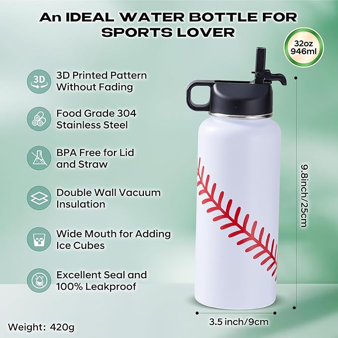 Baseball Water Bottles for Boys 32 oz and 100 PCS Baseball Stickers Sports Insulated Stainless Steel Water Bottle Baseballs Accessories Stuff Gear Gifts For 8-12 12-14 Player