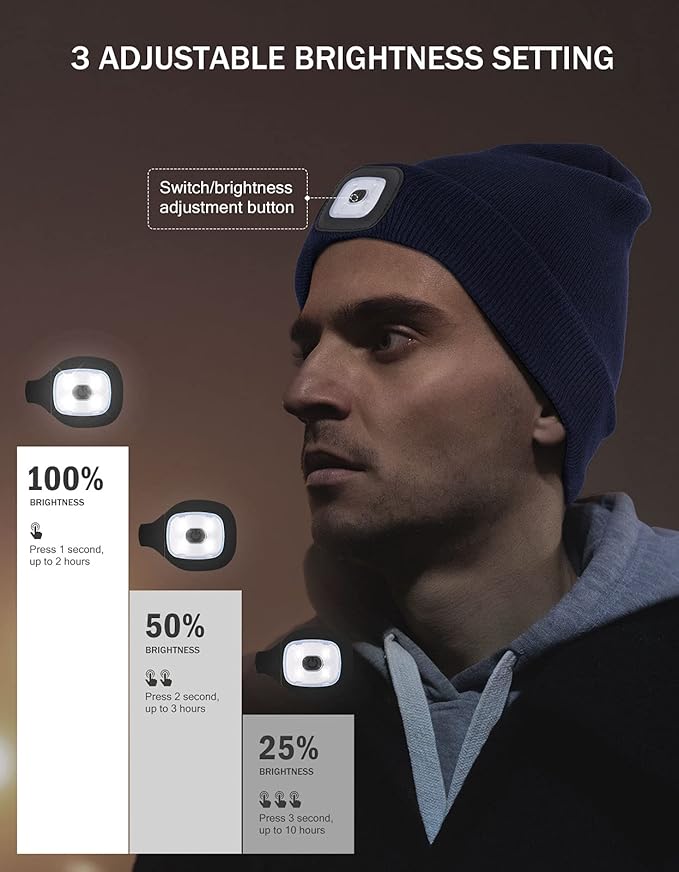 YunTuo LED Beanie with The Light, Unisex USB Rechargeable Headlamp Winter Knitted Cap Gifts for Men Dad Husband Him