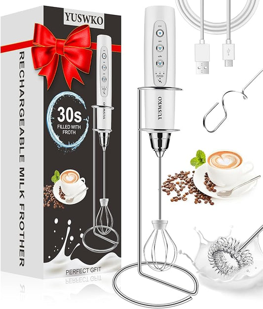 YUSWKO Milk Frother Handheld for Coffee with Stand, Rechargeable Drink Mixer with 3 Heads 3 Speeds Electric Coffee Frother Whisk, Gift for Many Occasions and Festival