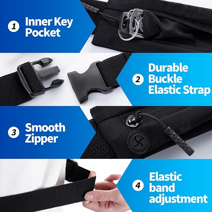 USHAKE Slim Running Belt for Women Men-Runners Phone Holder Fanny Pack, Adjustable, Bounce Free Waist Pouch bag for Workout, Money Belt, Run Gear Accessories Black Nude