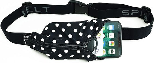 SPIbelt Running Belt for Women Men, Phone Holder for Running, Running Fanny Pack, Holder for Phone, Running Waist Pack, Adjustable Waist, [Fits All Phones]. Black White Polka Dot/Black Zipper