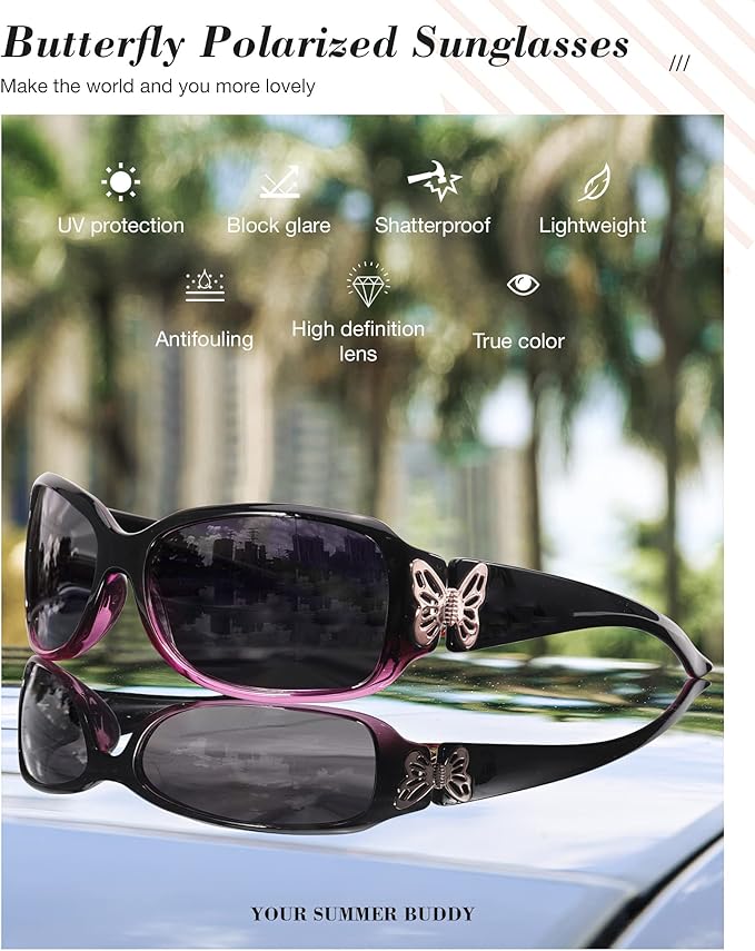IGnaef Polarized Sunglasses for Women, Trendy Wrap Around Jackie-O Style with Butterfly Decoration IF022