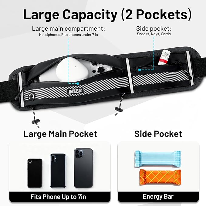 MIER Running Belt for Men Women Slim Fanny Pack Phone Holder Jogging Pouch with Marathon Bib Clip Runner Waist Pack for Walking Cycling for Keys, Cards & Essentials (Black)