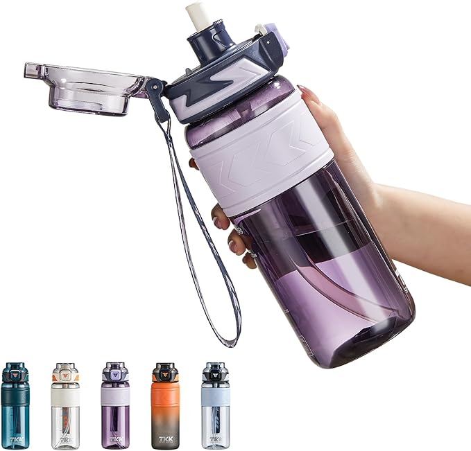 TKK Sports Water Bottles with Removable Straw 29 oz Leak-proof Flip Top Lid BPA Free Tritan Bottles with Strap for School, Fitness, Gym, Outdoor, Purple