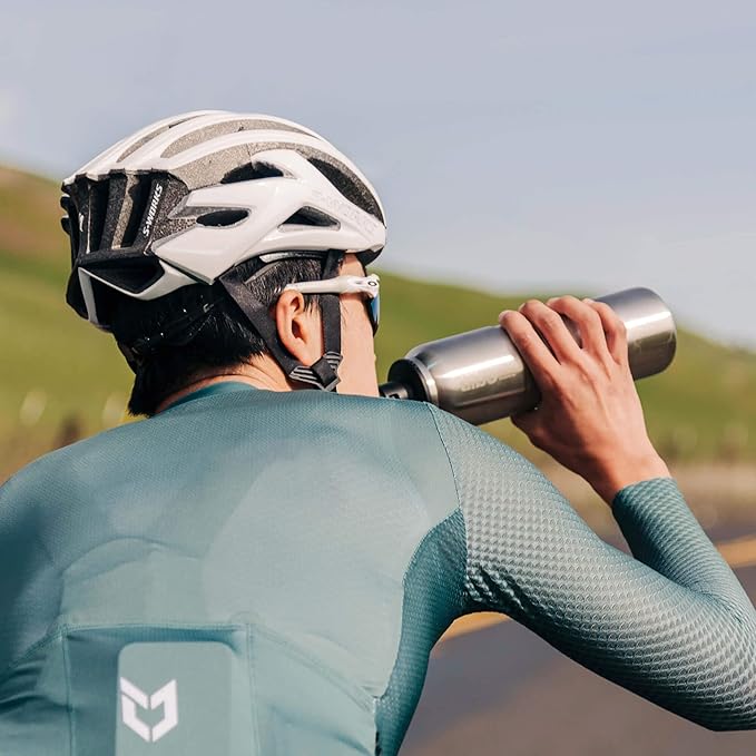 tiibo Vacuum Insulated Stainless Steel Bike Water Bottle, Double Wall, No-Squeeze, Fast Flow Sport Nozzle, Designed for Cycling, Biking, Fitness & Sports, Fits Most Bike Cages (Brushed, 23OZ)