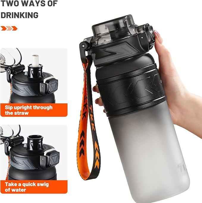 TKK Sports Water Bottles with Removable Straw 29 oz Leak-proof Flip Top Lid BPA Free Tritan Bottles with Strap for School, Fitness, Gym, Outdoor, Black-White