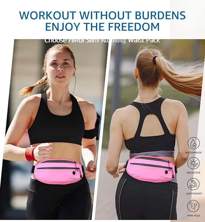 HiRui Slim Fanny Pack for Men Women, Adjustable Exercise Waist Pack Reflective Running Belt for Sports Workout Cycling Hiking, Casual Hands-Free Wallets Phone Bag Fits All Phones (Pink)