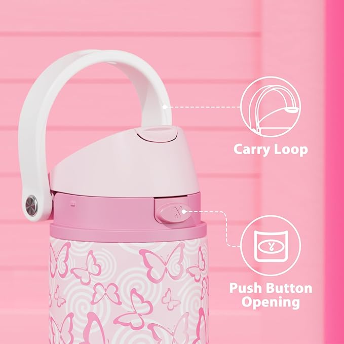 24 oz Insulated Water Bottle with Straw: Meoky Stainless Steel Metal Water Bottle with 2-in-1 Lid - Leak Proof, Cold for 24 Hours, Protective Silicone Base, BPA-Free for Sports Travel Car, Butterfly