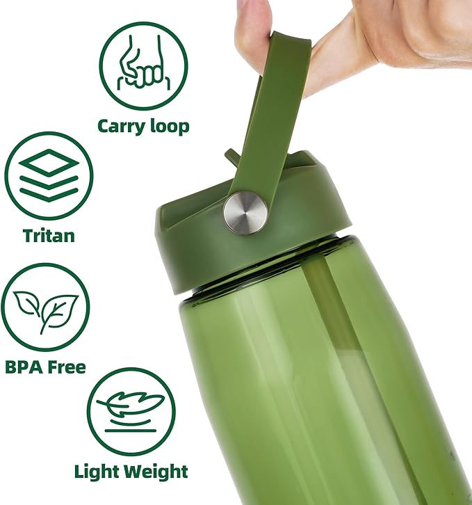 OLDLEY 32 oz Water Bottle with Straw, Leakproof Sports Water Bottle with Carry Strap, BPA-Free Large Water Bottles for Home,Travel, School, Outdoors, Gym, Tritan, Olive Green