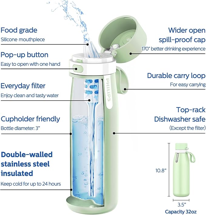 PHILIPS Water Bottle with Filter, Filter Water Bottle Stainless Steel with GoZero Everyday BPA-Free Tap Water Filter, Water Filter Bottle Keep Drink Cold 24 Hours, 1 Filter for 40 gal / 2 Months
