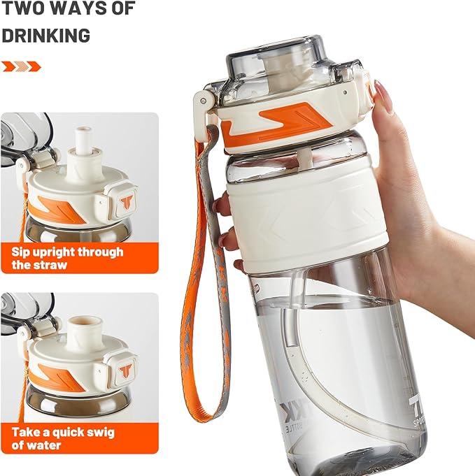 TKK Sports Water Bottles with Removable Straw 29 oz Leak-proof Flip Top Lid BPA Free Tritan Bottles with Strap for School, Fitness, Gym, Outdoor, White