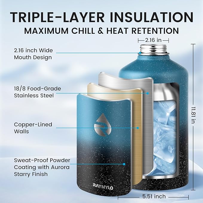 128oz Insulated Water Bottle, Triple Wall Vacuum Stainless Steel Water Bottles - Keeps Cold 48H, Reusable One Gallon Jug for Gym, Sports, Camping, Hiking,Travel, Starry Sky-Indigo/Black