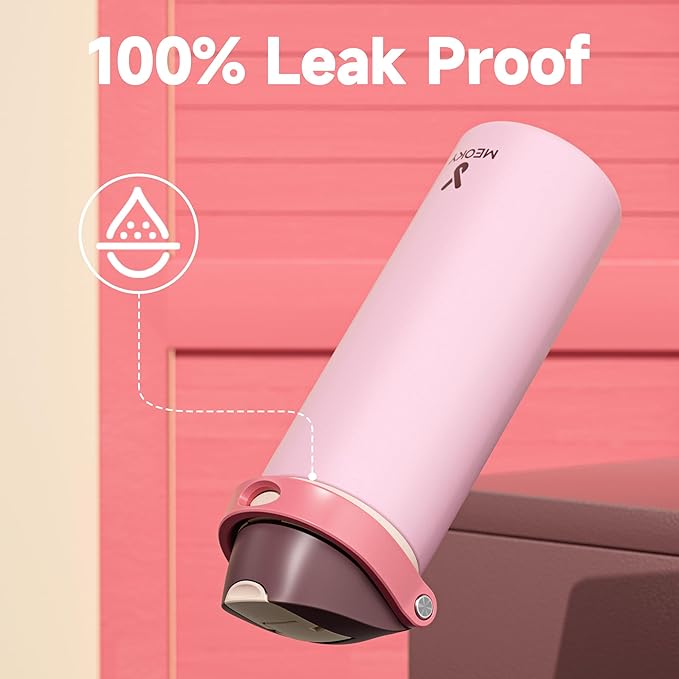 24 oz Insulated Water Bottle for Sports: Meoky Stainless Steel Water Bottle with Straw and Spout Lid - Leak Proof, Cold for 24 Hours, Fits in Car Cup Holder, BPA-Free for Women Travel, Angel Food Cake