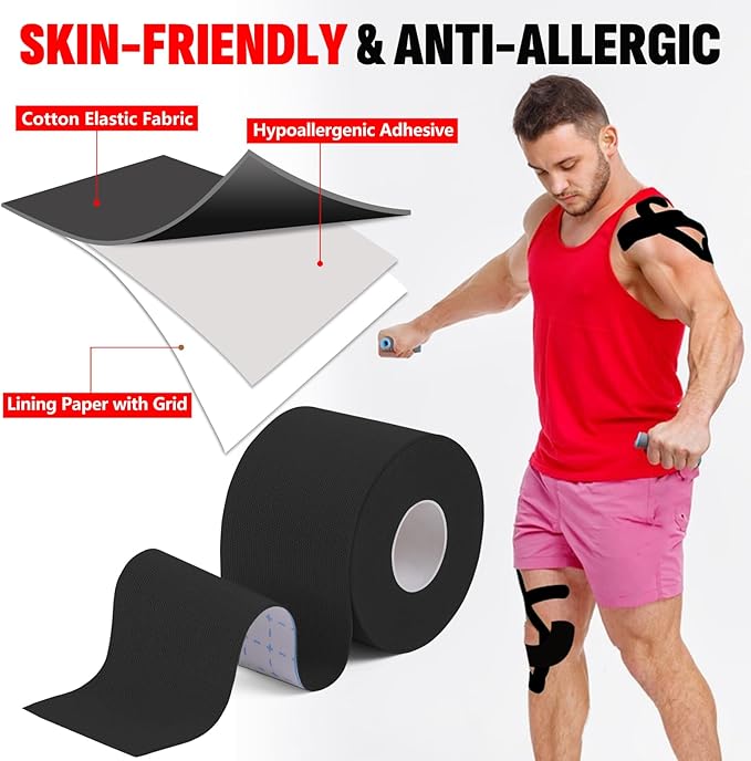 5 Rolls Kinesiology Tape, 2 inch x 16.4 Feet Waterproof Athletic Tape, Uncut Kinetic Tape, Muscle Tape, Sports Tape, Knee Tape for Exercise and Daily Use - Black