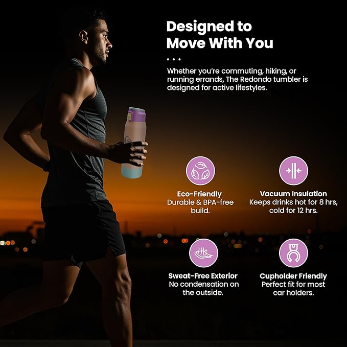 Quiksilver Redondo 21oz Double Wall Stainless Steel Water Bottle, Reusable Sports Bottle with Leak-Proof Lid, Non-Slip Rubber Base, Carrier Handle, insulated Tumblers, 24H Hot & Cold Beverage