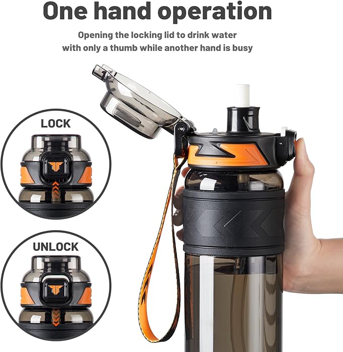 TKK Sports Water Bottles with Removable Straw 34 oz Leak-proof Flip Top Lid BPA Free Tritan Bottles with Strap for School, Fitness, Gym, Outdoor, Black